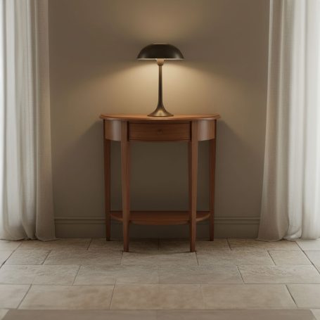 PR-0336 Holztisch mit einer Lampe in einem hellen Raum, von Vorhängen umgeben.