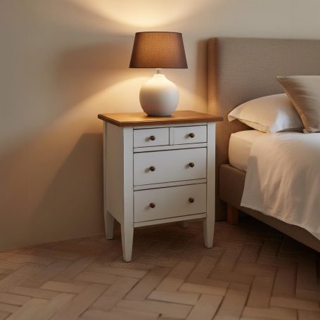 PR-0757 Ein Nachttisch mit drei Schubladen und einer Lampe neben einem Bett in einem Schlafzimmer.