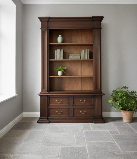 Dunkler Holzschrank mit offenen Regalen und Schubladen, neben einer Pflanze.