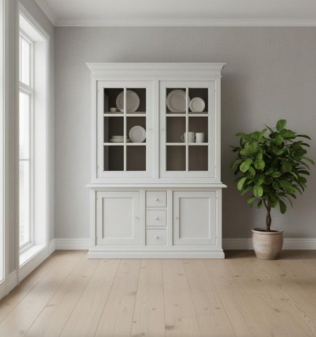 Weißer Schrank mit Glastüren, Teller und Pflanze in einem hellen Raum.