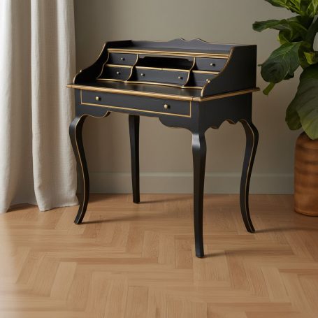 FC-137 Schwarzer Schreibsekretär mit geschwungenen Beinen und goldenen Akzenten, neben einer Pflanze.