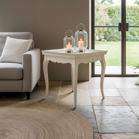 PR-4507 Weißer Beistelltisch mit Kerzen, neben einem grauen Sofa und großen Fenstern.