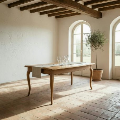 PR-2876 Holztisch mit Gläsern, umgeben von Fenstern und einer Pflanze in einem hellen Raum.