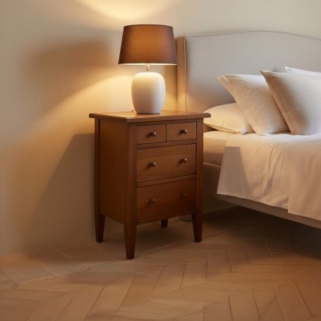 PR-0757 Holz-Nachtisch mit zwei Schubladen, Lampe und Bett im Hintergrund.