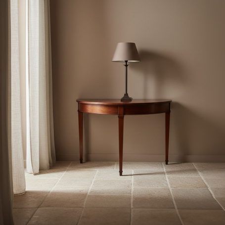 PR-4139 Holztisch mit Lampenschirm in einem neutralen Raum, neben einem Fenster mit Vorhängen.