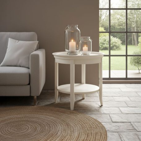 PR-4285 Beiger Beistelltisch mit Kerzen, Sofaecke und Fensterblick auf den Garten.