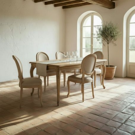 AC-618-21 Heller Essbereich mit einem Holztisch, Stühlen und großen Fenstern im Hintergrund.