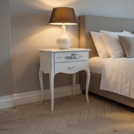 PR-4089 Weißer Nachttisch mit Schublade und Lampe neben einem Bett in einem modernen Schlafzimmer.