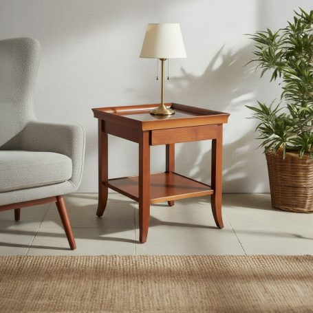 PR-1688 Holztisch mit Lampe, Pflanze und Sessel in einem modernen Raum.