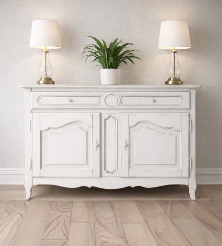 Weißer Sideboard mit zwei Lampen und einer Pflanze auf der Oberseite.
