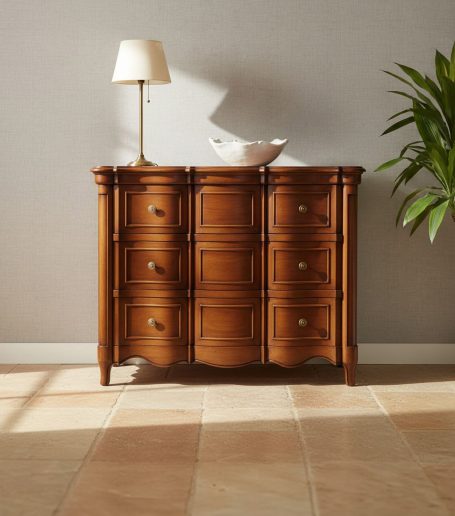 Holzmöbelkommode mit sieben Schubladen, Lampe und Schale auf einer Marmorplatte.