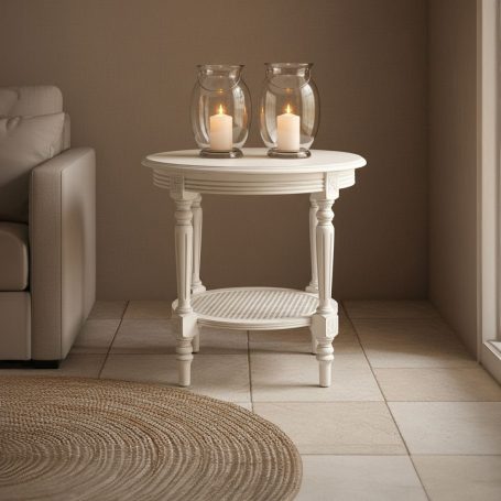 PR-0303 Weißer Beistelltisch mit zwei Kerzenhaltern und Kerzen, neben einer Couch und Teppich.
