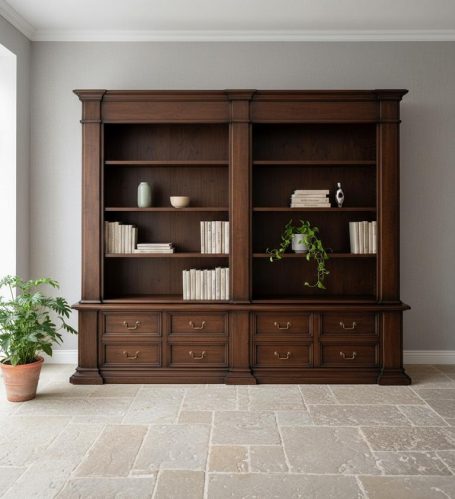 Dunkler Bücherregal mit offenen Fächern und Pflanzen, vor grauer Wand.