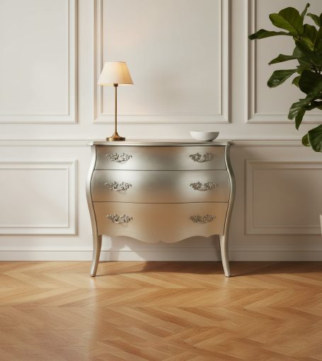 Elegante Kommode mit drei Schubladen und Tischlampe vor einer weißen Wand.