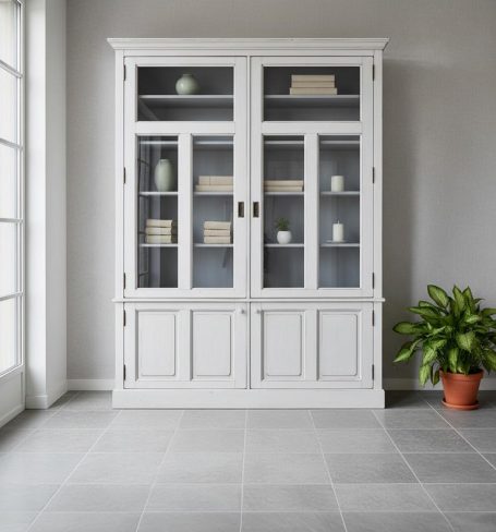 Weißer Schrank mit Glastüren, Pflanzen neben ihm, moderne Raumgestaltung.