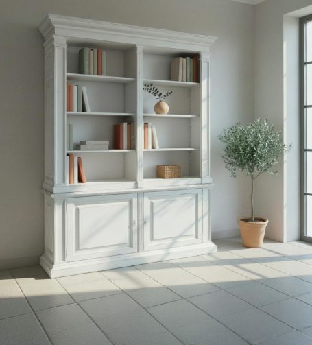 Weiße Bücherregal mit offenen Regalen und einer Pflanze in einem Topf daneben.