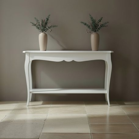 PR-4090 Weiße Konsole mit zwei Vasen und Pflanzen vor einem grauen Hintergrund.