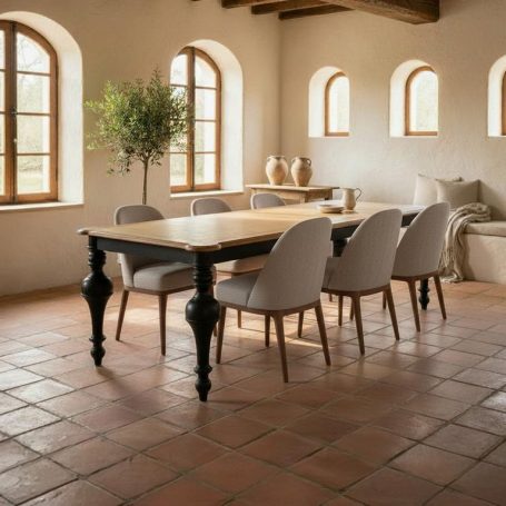 PR-4362 Ein Essbereich mit einem Holztisch, sechs Stühlen und großen Fenstern.