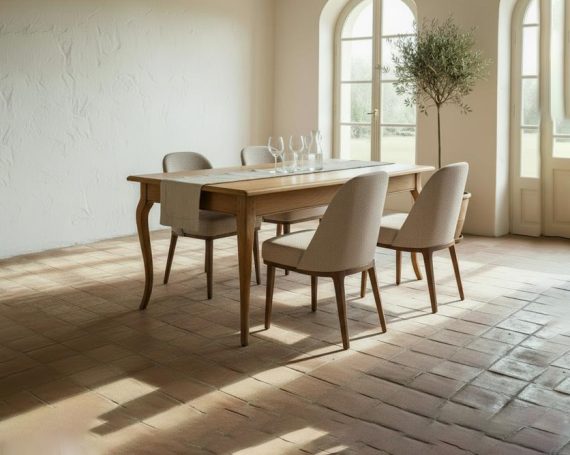 PR-2876 Holztisch mit vier Stühlen in einem hellen, minimalistischen Raum.