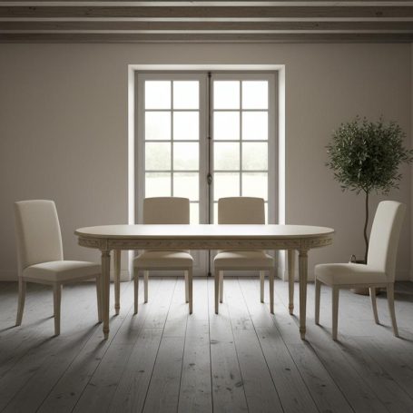 AC-354-21 Runder Esstisch mit vier Stühlen in einem hellen Raum neben Fenstern.