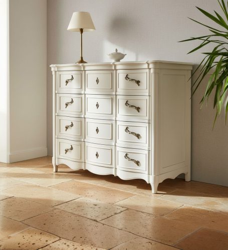 Ein eleganter, weißer Sideboard mit fünf Schubladen und einer Lampe darauf.