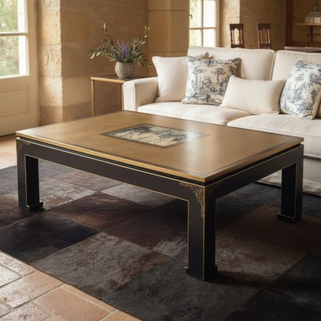 Ein eleganter Couchtisch aus Holz mit goldenen Akzenten und quadratischer Form.